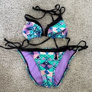 Women’s Multicolor Triangle Bikini Set with Black Trim